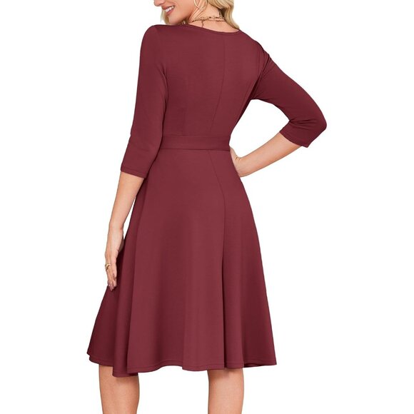 Women's Burgundy 3/4 Sleeve Vintage Flattering A-line Vintage Cocktail Dresses - Picture 5 of 5